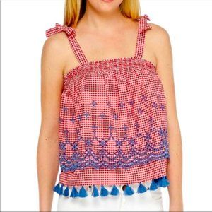 Crown & Ivy Checkered Picnic Print tank with Blue Embroidery and Fringe